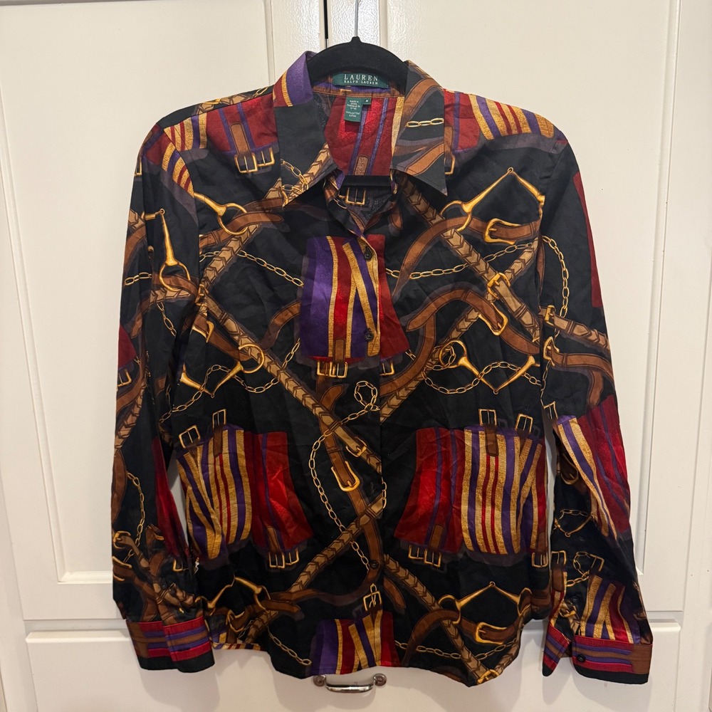 Lauren Ralph Lauren Womens Medium Cotton Equestrian Chain Belt Print Shirt Black - Picture 2 of 6